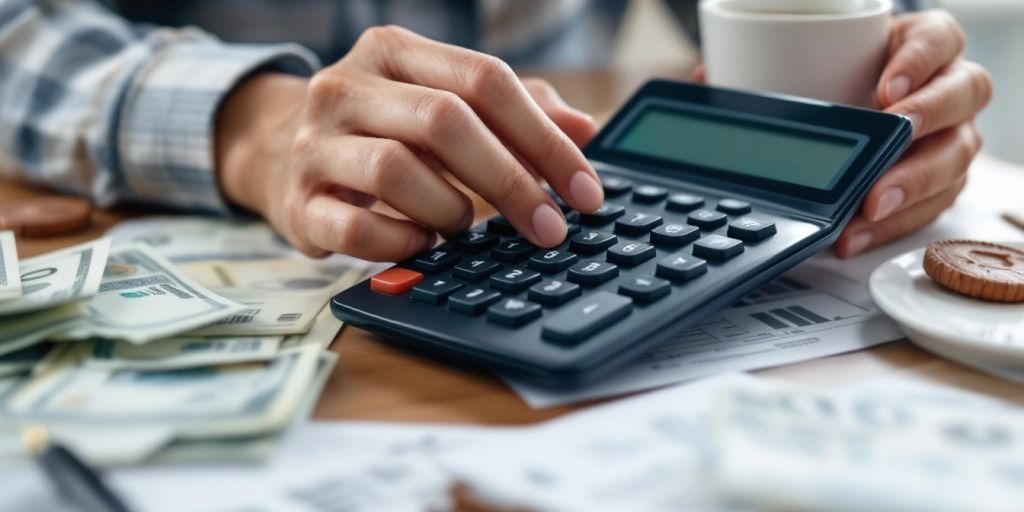 man using calculator focus